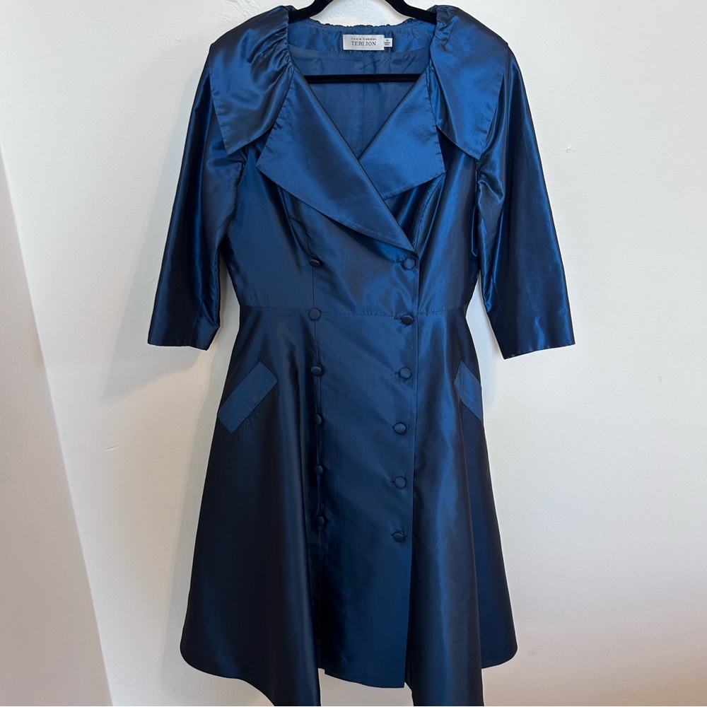 Rickie Freeman Teri Jon Collared Blue Button Evening Party Dress Size 14